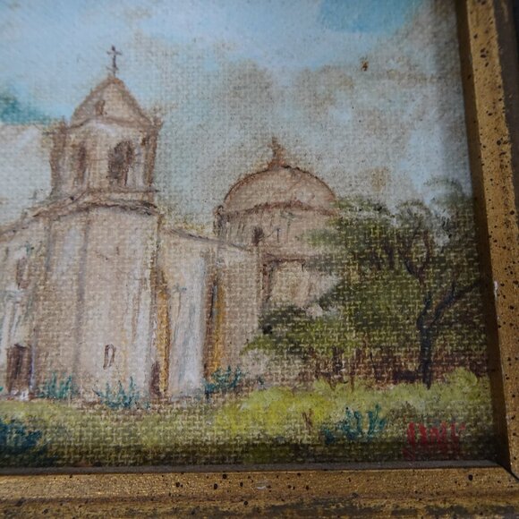 Vintage Miniature Oil Painting Landscape Church Gold Frame Signed Original - Picture 5 of 9